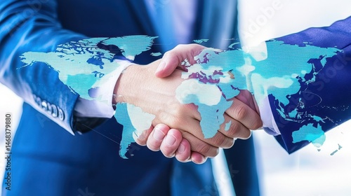 Global partnership handshake showcasing international business expansion and cooperative ventures in a digitally connected world