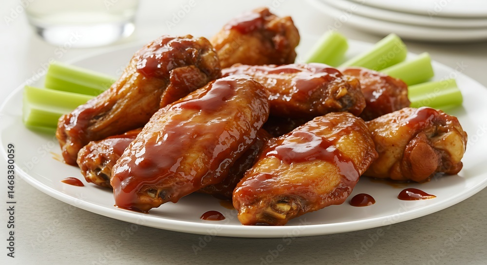Close-up of a plate full of crispy, glazed chicken wings served with celery. Close-up of a plate full of crispy, glazed chicken wings served with celery.