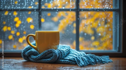 Wallpaper Mural Cozy scarf wrapped around a mug placed by a window, containing uplifting tea that brightens the atmosphere. Torontodigital.ca