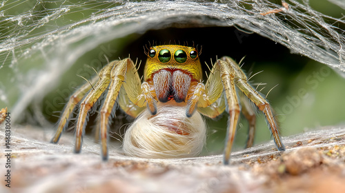 Close Up Of Jumping Spider With Eggs In Web