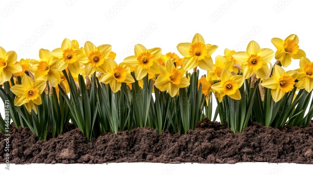 Fototapeta premium Row of vibrant yellow daffodils in rich soil