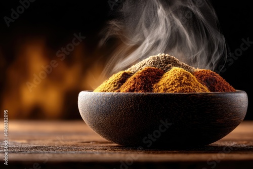 Fototapeta Naklejka Na Ścianę i Meble -  Aromatic spice blend in dark bowl, steaming gently.