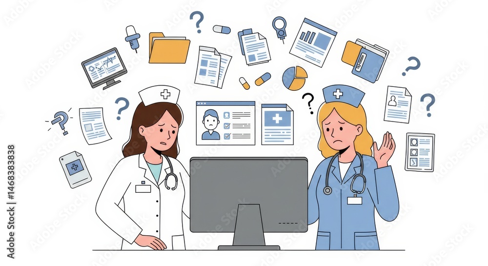 Stressed medical staff facing information overload, questioning diagnostics process Stressed medical staff facing information overload, questioning diagnostics process