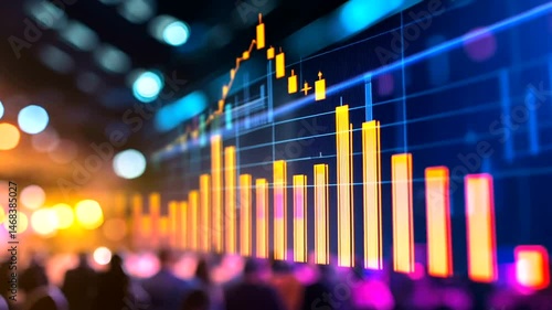 Glowing financial chart with bar and line graphs, illuminated in orange and blue, against a softly blurred background of lights and figures