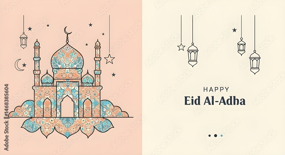 Naklejka premium Minimalist Eid al-Adha Illustration with Mosque and Lanterns