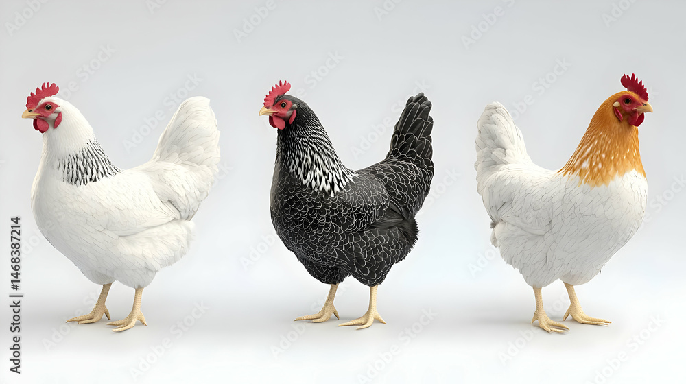 Fototapeta premium Three Different Colored Chickens Standing Side By Side