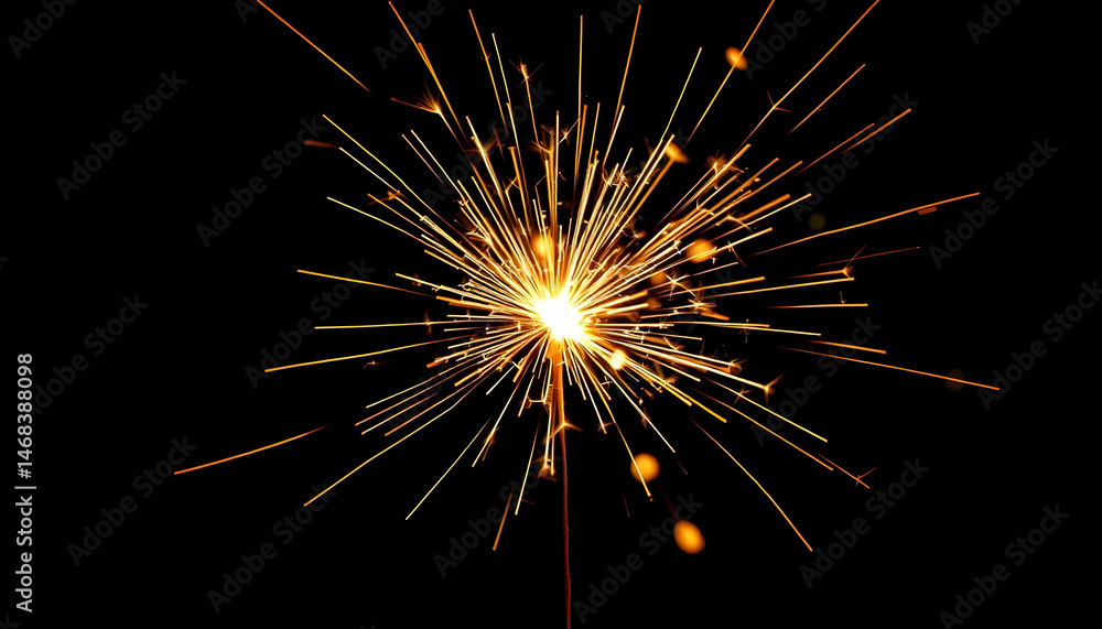 Golden Sparkler Burning Brightly Against Black Background Creating Festive Celebration with Sparks Golden Sparkler Burning Brightly Against Black Background Creating Festive Celebration with Sparks