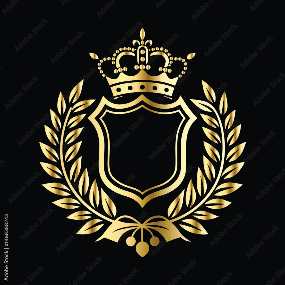 Fototapeta premium Golden heraldic shield with crown. Heraldic Coat of Arms decorative logo isolated vector illustration. Luxury golden laurel wreath heraldic emblem template vector illustration.Heraldic Coat of Arms de