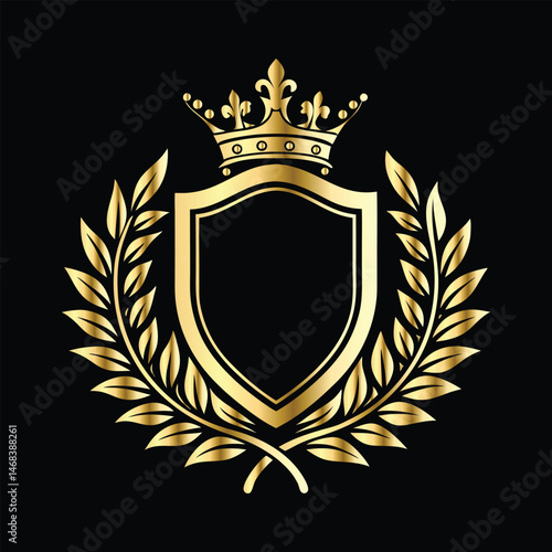 Golden heraldic shield with crown. Heraldic Coat of Arms decorative logo isolated vector illustration. Luxury golden laurel wreath heraldic emblem template vector illustration.Heraldic Coat of Arms de