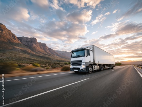 White truck driving on scenic mountain highway road trip sky cab open fast cargo speed travel motion