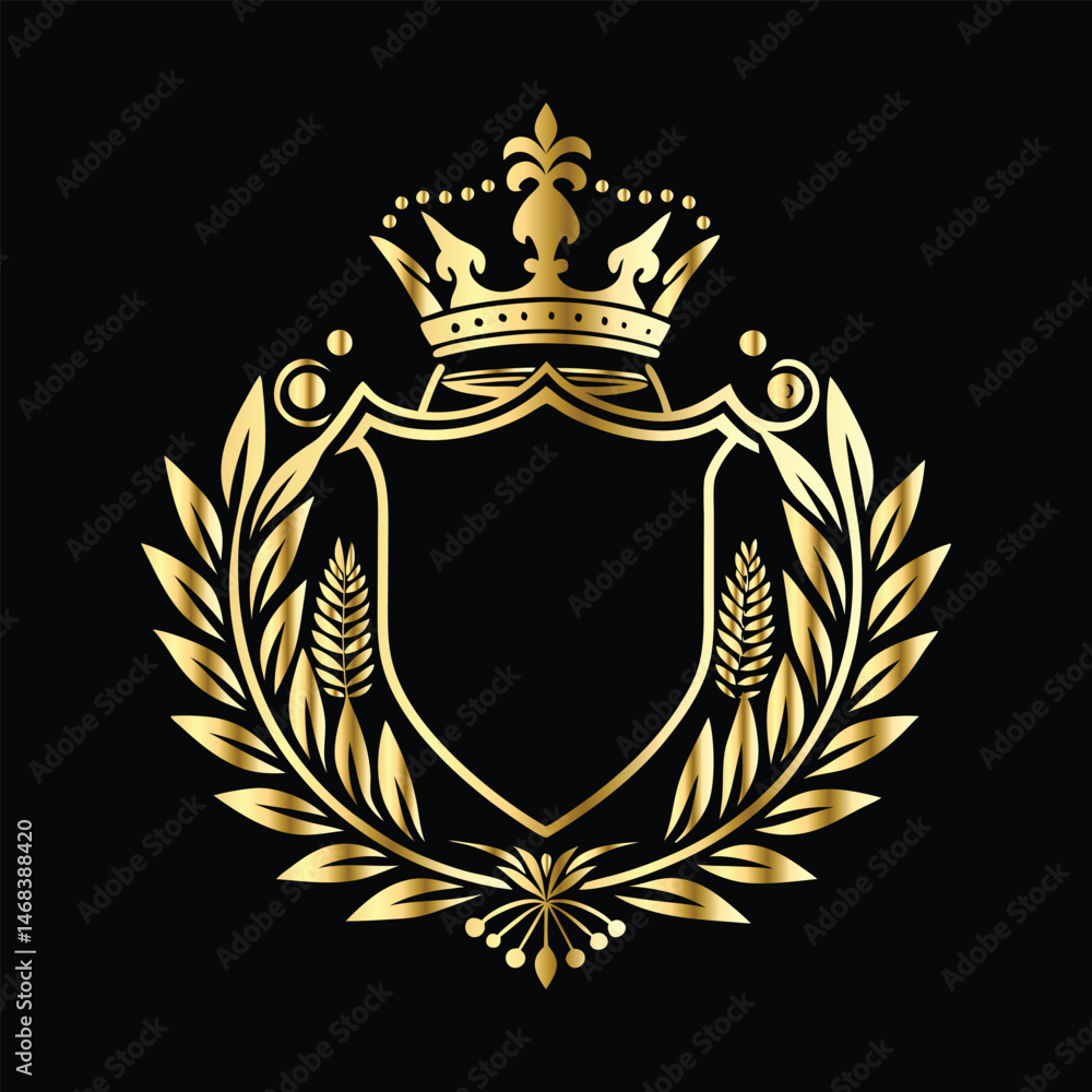 Obraz premium Golden heraldic shield with crown. Heraldic Coat of Arms decorative logo isolated vector illustration. Luxury golden laurel wreath heraldic emblem template vector illustration.Heraldic Coat of Arms de
