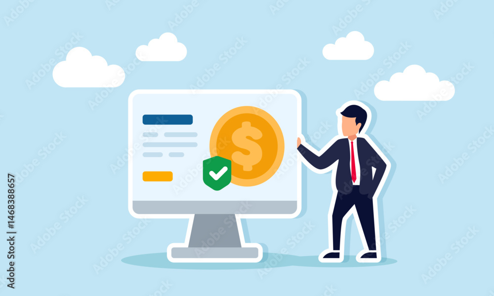 Businessman standing beside a laptop displaying dollar coins and a green check shield, illustration of presenting the importance of business financial insurance Businessman standing beside a laptop displaying dollar coins and a green check shield, illustration of presenting the importance of business financial insurance