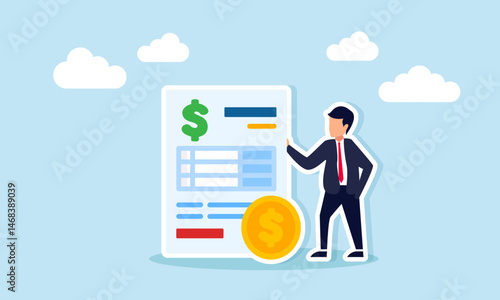 Businessman standing beside dollar coin and dollar-marked document, illustration of preparing corporate financial report
