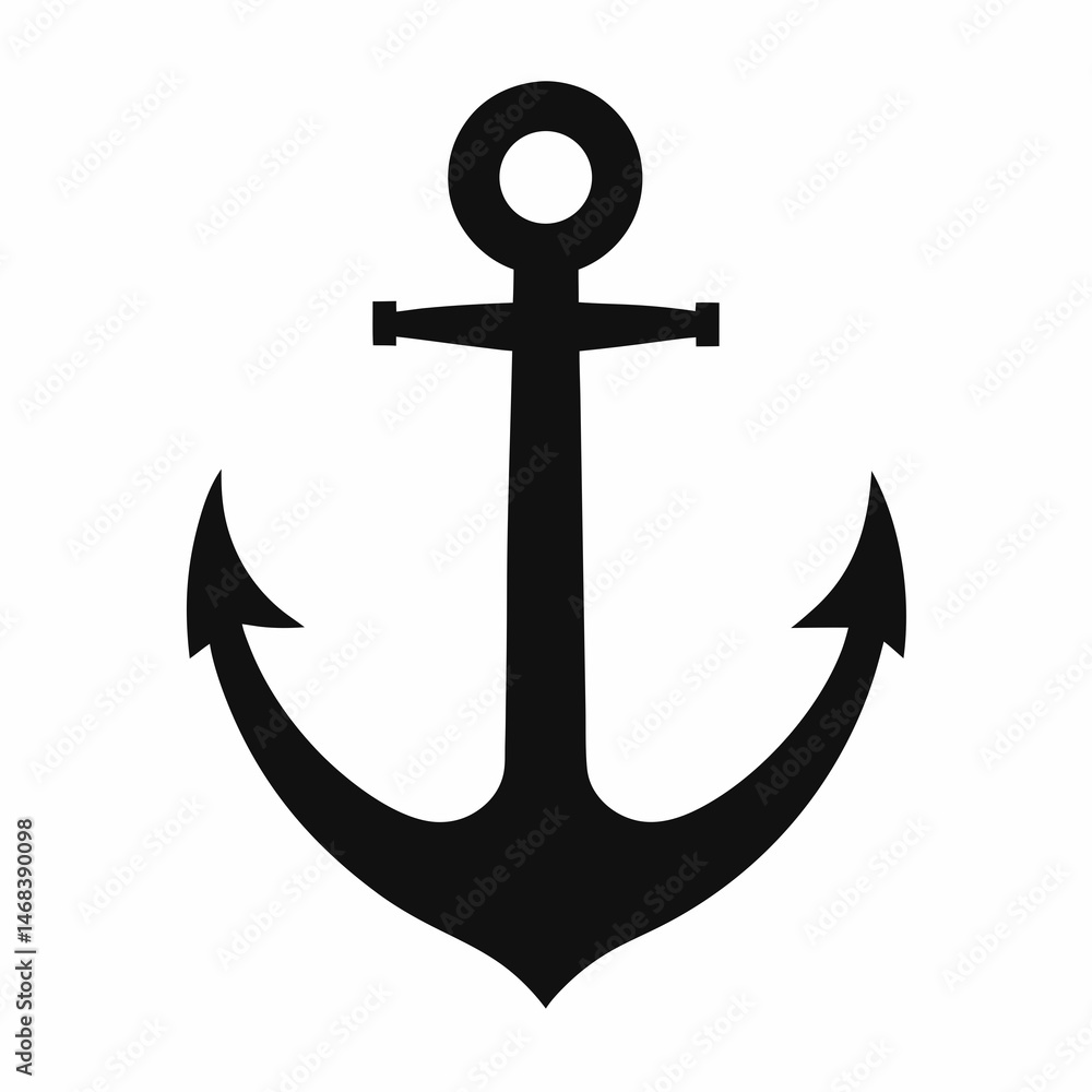 Black nautical anchor icon symbolizing stability and maritime themes on white background Black nautical anchor icon symbolizing stability and maritime themes on white background