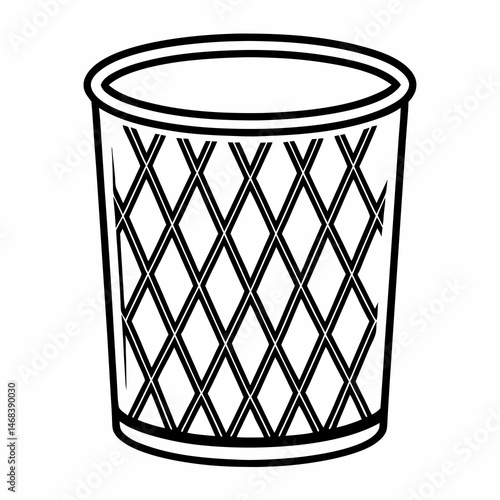 Black and white illustration of a simple wastebasket with an x-shaped lattice design