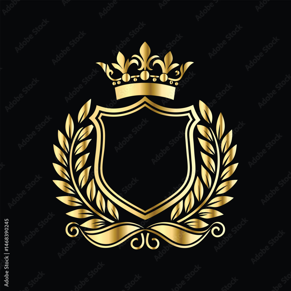 Fototapeta premium Golden heraldic shield with crown. Heraldic Coat of Arms decorative logo isolated vector illustration. Luxury golden laurel wreath heraldic emblem template vector illustration.Heraldic Coat of Arms de