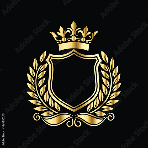 Golden heraldic shield with crown. Heraldic Coat of Arms decorative logo isolated vector illustration. Luxury golden laurel wreath heraldic emblem template vector illustration.Heraldic Coat of Arms de