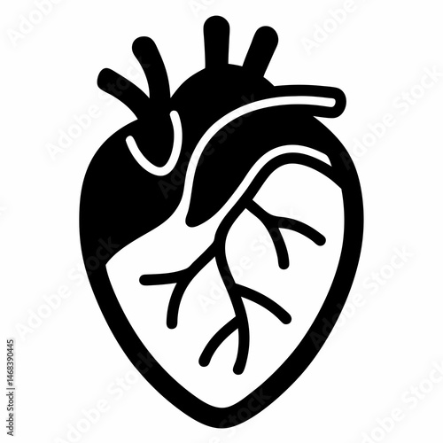 Simple bold anatomical heart illustration in black and white with veins and arteries