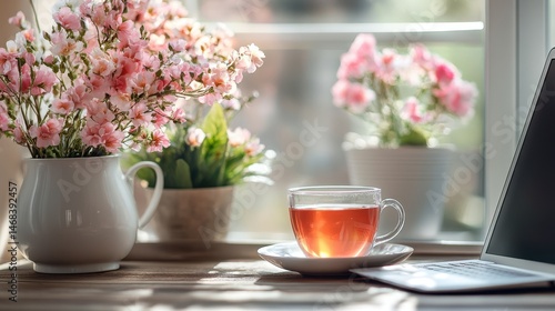 Wallpaper Mural A cup of tea sits on a table next to a laptop and pink flowers in a vase. Perfect for a relaxing morning. Torontodigital.ca