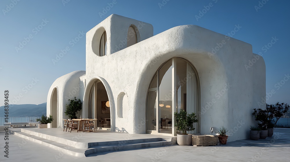 Obraz premium A single, story flat villa, with the facade material made of white micro cement, arched thermal break windows, and a terrace on the ground floor