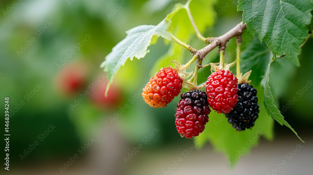 Vibrant mulberry tree branch with clusters of ripening fruits in nature Vibrant mulberry tree branch with clusters of ripening fruits in nature
