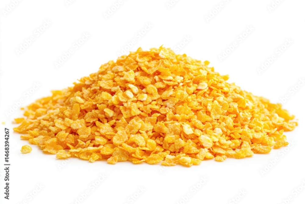 A pile of small, crispy, yellow corn cereal pieces A pile of small, crispy, yellow corn cereal pieces