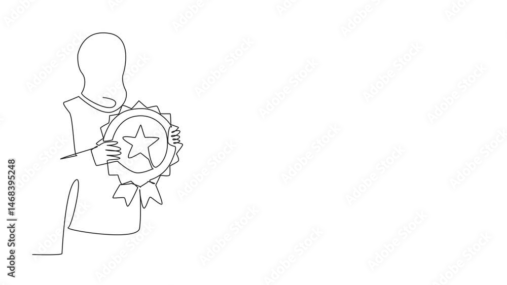 Animated self drawing of continuous one line drawing Arabian woman holding medal emblem. Breaking stereotypes, male-dominated field. Employee Appreciation Day. Full length single line animation Animated self drawing of continuous one line drawing Arabian woman holding medal emblem. Breaking stereotypes, male-dominated field. Employee Appreciation Day. Full length single line animation