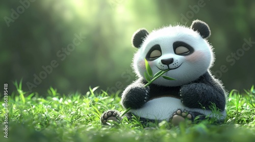 Cute panda eating bamboo in a forest clearing