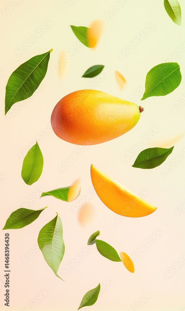 Ripe mango with slices and leaves in mid-air
