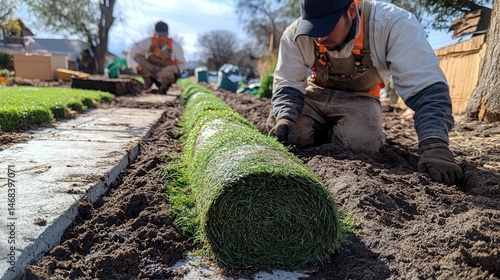 Landscaping crew installing rolls of sod.
