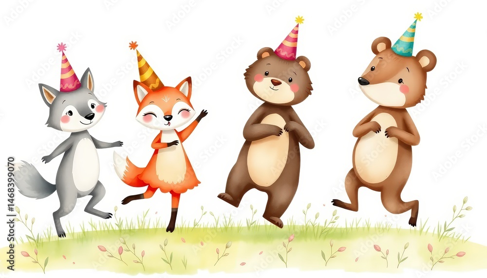 Fototapeta premium A whimsical, watercolor illustration featuring a group of cute forest animals