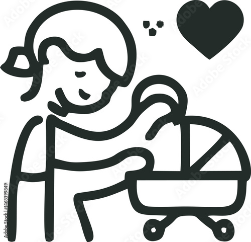 Loving Mother with Baby in Bassinet, Line Art Illustration