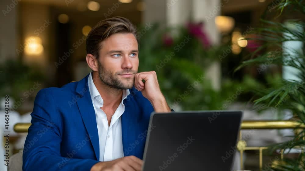 Professional man in a blue suit working on a laptop in a cafe Professional man in a blue suit working on a laptop in a cafe
