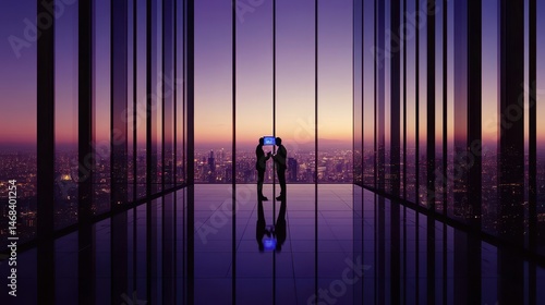 Modern city skyline view from high vantage point at twilight evokes ambition urban life futuristic luxury design and inspiration