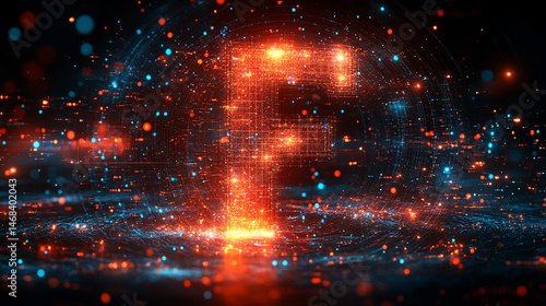 Abstract digital letter F. Illuminated, glowing, orange and red particles form the letter F on a dark background with swirling, glowing, blue and red particles.