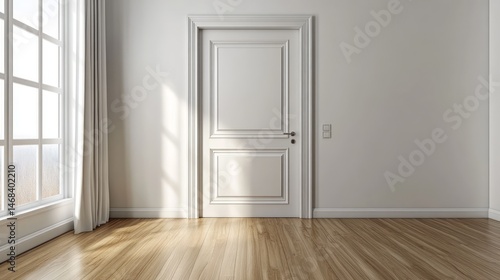 Empty room interior with a simple white door and light wood floors.