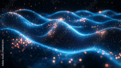 Abstract digital wave, glowing particles.