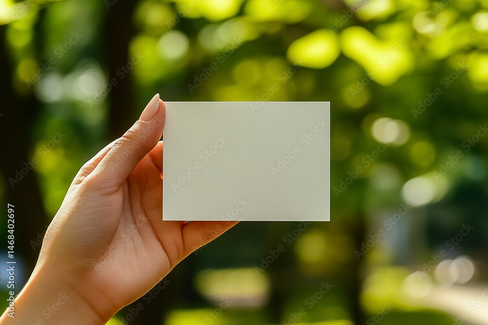 Hand displaying a blank card against a vibrant green bokeh nature backdrop Hand displaying a blank card against a vibrant green bokeh nature backdrop