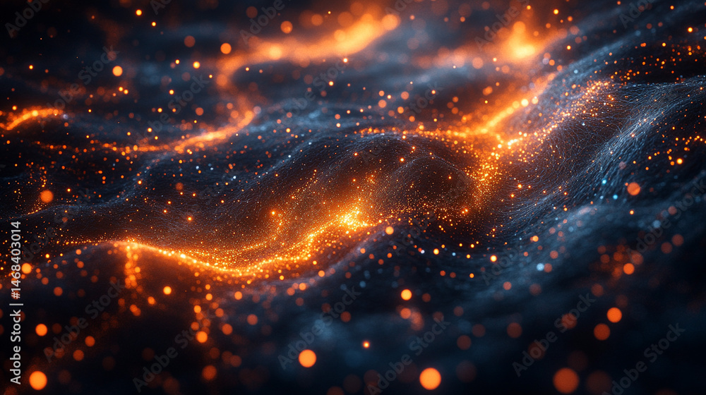 Fototapeta premium Abstract digital illustration of glowing particles flowing in dark space.