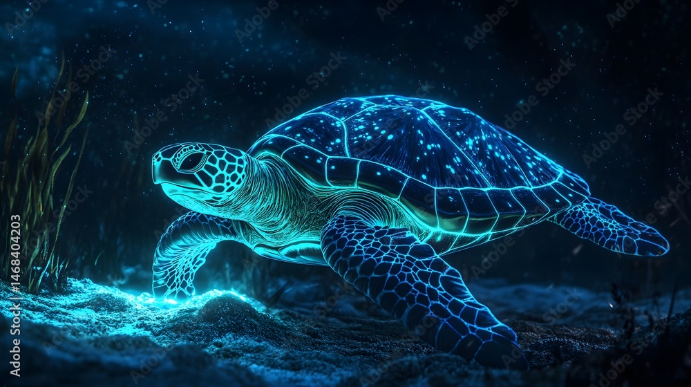 Fototapeta premium Glowing sea turtle in deep ocean