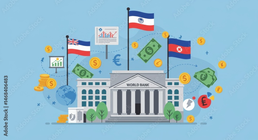 Global Financial Landscape: A Flat Vector Illustration of the World Bank Global Financial Landscape: A Flat Vector Illustration of the World Bank