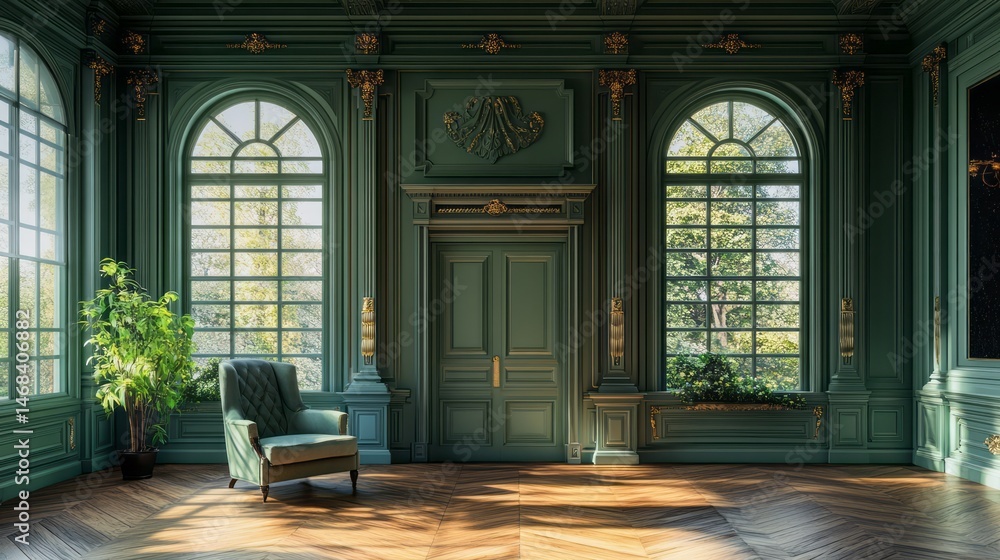Elegant antique room with rich green accents. Elegant antique room with rich green accents.