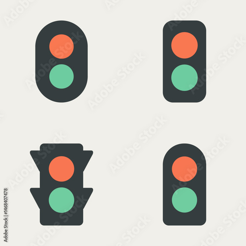 Minimalistic vector traffic light icons in flat style with salmon red and mint green lights, clean modern design