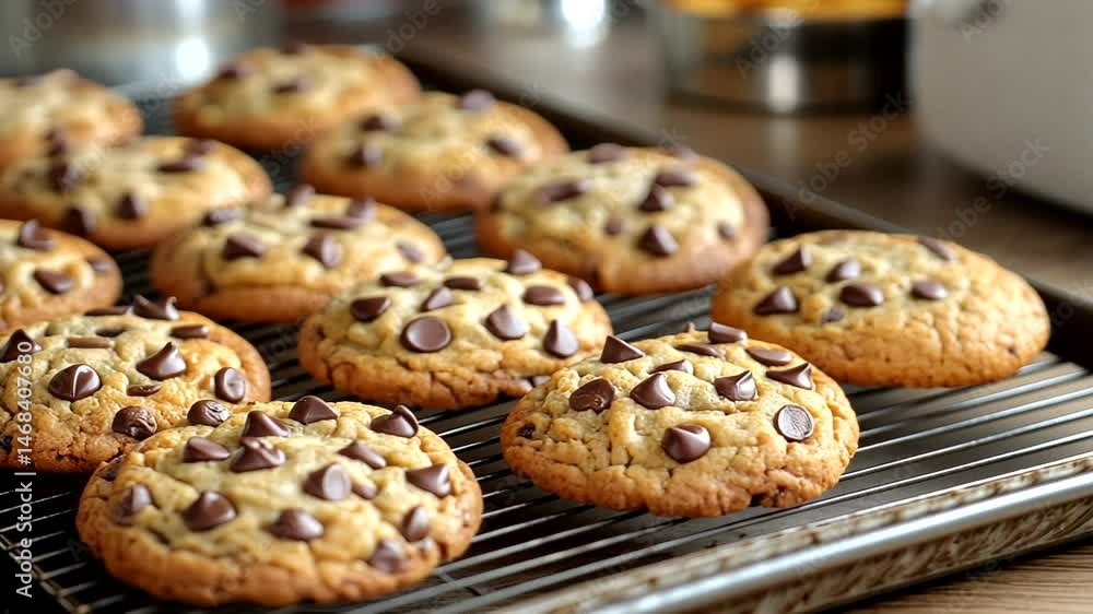 Freshly baked chocolate chip cookies on a cooling rack. Freshly baked chocolate chip cookies on a cooling rack.