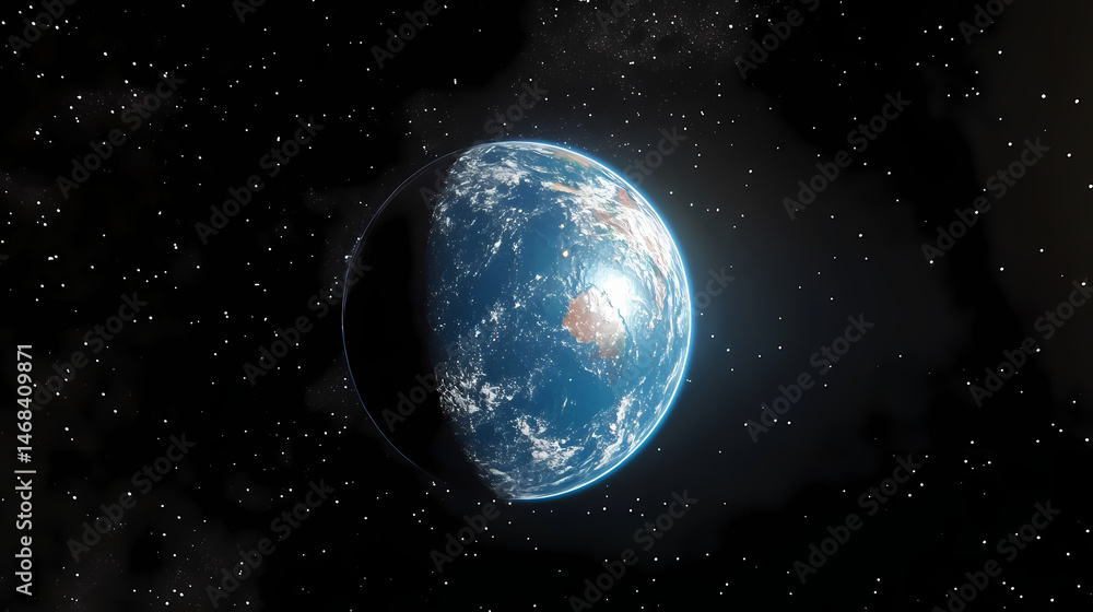 Obraz premium A blue earth with glowing starlight in the space background. [Mirrored Realities] | Alternate Arch | curved space. Illustration