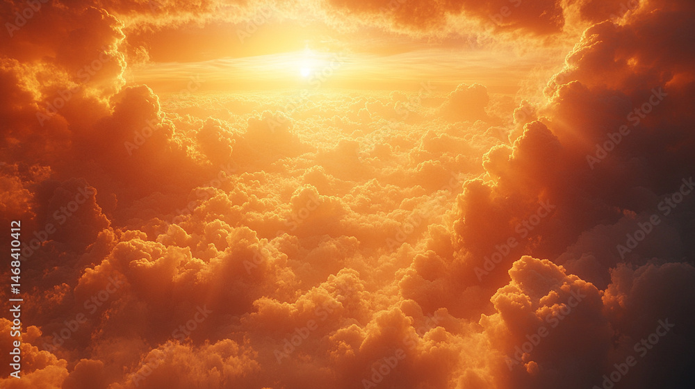Fototapeta premium Fly above orange sunset clouds