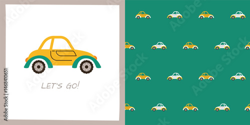 Retro Car cartoon seamless pattern. Hand drawn beetle automobile car endless boundless background kid design. Simple children funny auto transport comic repeat print wallpaper vector illustration