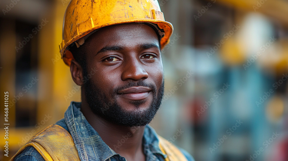 Confident construction worker at site, blurred background machinery Confident construction worker at site, blurred background machinery