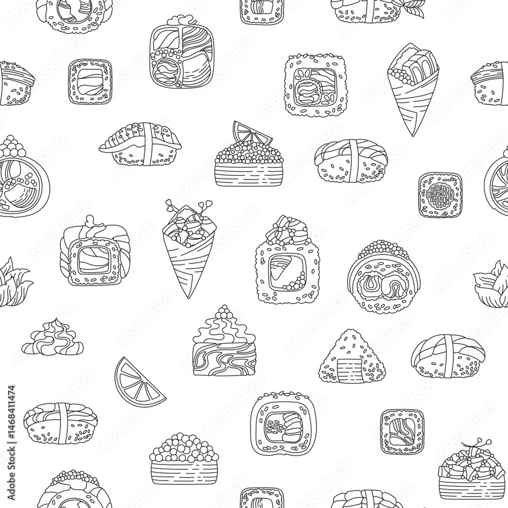 Sushi cartoon doodle seamless pattern. Traditional Asian Japanese food boundless background. Different types sushi seafood endless vector design for print fabric textile wrapper backdrop template Sushi cartoon doodle seamless pattern. Traditional Asian Japanese food boundless background. Different types sushi seafood endless vector design for print fabric textile wrapper backdrop template