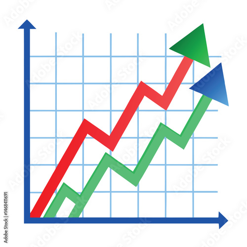 A blue arrow sharply trending upwards over fluctuating red and green lines on a grid on a white background.